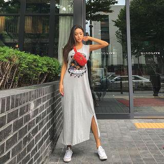 Sleeveless Slit-side Printed Long Dress