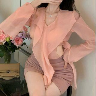 Ruffle Blouse / Asymmetrical Mini Pencil Skirt