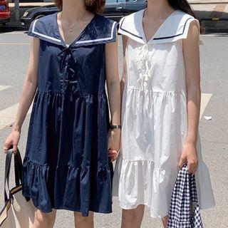 Sleeveless Contrast Trim Wide Collar A-line Dress