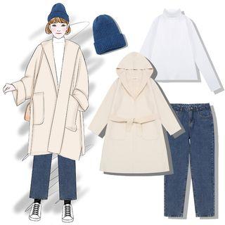 Hooded Coat With Sash / Cuffed Beanie / Long-sleeve Turtleneck Top / Cropped Jeans