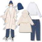 Hooded Coat With Sash / Cuffed Beanie / Long-sleeve Turtleneck Top / Cropped Jeans