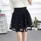 Sheer Panel Beaded A-line Mini Skirt