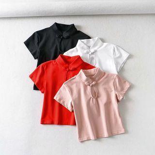 Mandarin Collar Short-sleeve Cropped Top