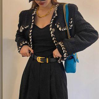 Braided-trim Faux-pearl Cropped Tweed Jacket