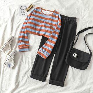 Striped Cropped T-shirt / Plain Loose-fit Jeans