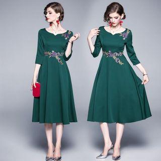 Flower Embroidered 3/4-sleeve A-line Midi Dress