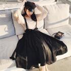 Set: V-neck Elbow-slit Top + Midi A-line Suspender Skirt