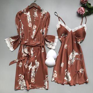 Set: Floral Print Silk Night Dress + Robe