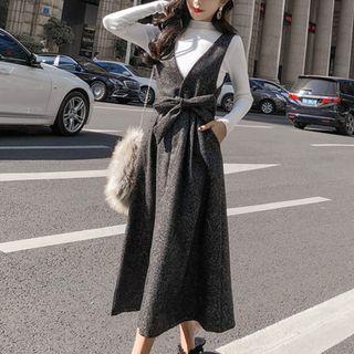 Long-sleeve Knit Top / Midi Pinafore Dress / Set
