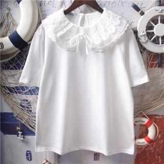 Short-sleeve Lace Collar T-shirt White - One Size