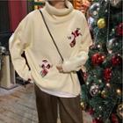 Mock-turtleneck Santa Claus Embroidered Sweater