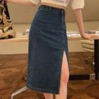 Slit-side Midi Denim Pencil Skirt