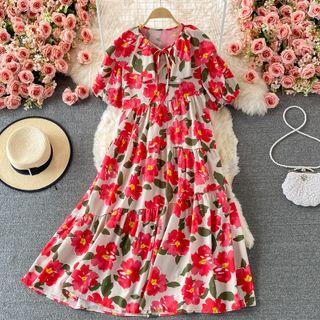 Puff Sleeve Ruffle Floral Print Maxi Dress
