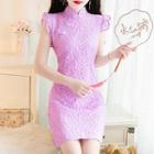 Sleeveless Mandarin Collar Mini Sheath Lace Dress