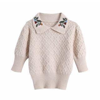 Elbow-sleeve Floral Embroidery Knit Top