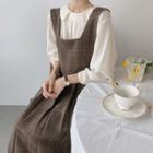 Peter Pan Collar Blouse / Plaid Midi A-line Pleated Pinafore Dress