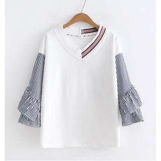 Stripe Panel Elbow-sleeve V-neck T-shirt