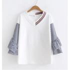 Stripe Panel Elbow-sleeve V-neck T-shirt