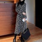 Mock Two-piece Long-sleeve Floral Print Dress White Floral - Black - One Size
