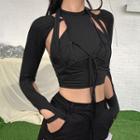 Mock Two-piece Long-sleeve Lace-up T-shirt