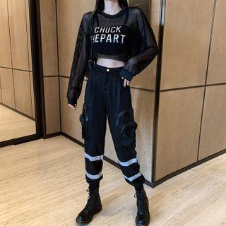 Reflective Striped Straight-cut Cargo Pants / Long-sleeve Mesh Top