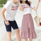 Couple Matching Lettering Short-sleeve T-shirt / Ruffle Hem A-line Skirt