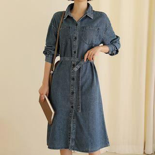 Pocket-detail Denim Shirtdress With Sash Blue - One Size