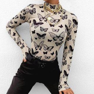 Mock-neck Butterfly Print Slim-fit Top