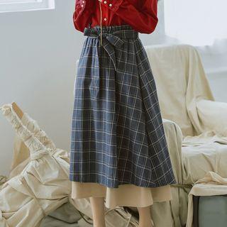 Plaid A-line Layered Midi Skirt