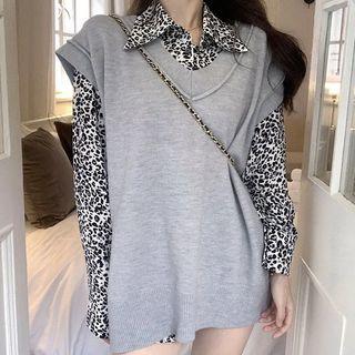 Leopard Print Shirt / Sweater Vest / Set