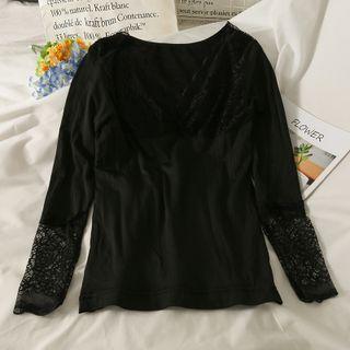 Lace-panel Shaping Top Black - One Size