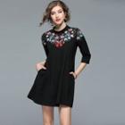 3/4-sleeve Embroidered Panel Dress