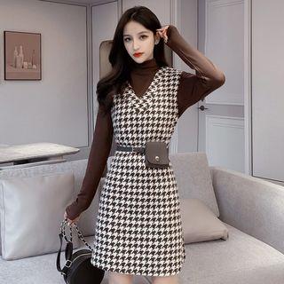 Set: Turtleneck Knit Top + Houndstooth Sleeveless A-line Dress + Belt Bag