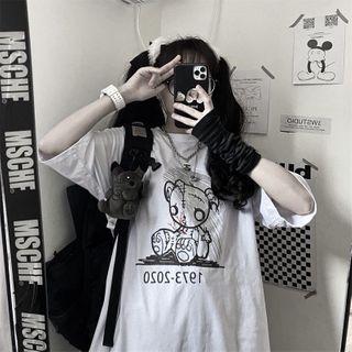 Bear Print Elbow-sleeve T-shirt Blue - S