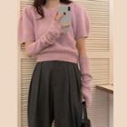 Set: Short-sleeve Plain Sweater + Arm Sleeves With Arm Sleeves - Sweater - Pink - One Size