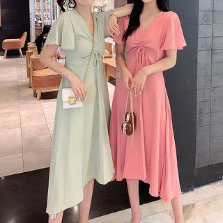 Short-sleeve Drawstring Ruffled A-line Midi Dress