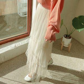 Band-waist Pleated Tiered Tulle Skirt