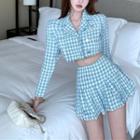 Long-sleeve Plaid Top / Pleated Skirt