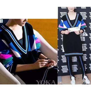 Color Block V-neck Long Sweater