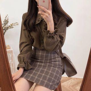 Set: Ruffled Blouse + Plaid A-line Mini Skirt