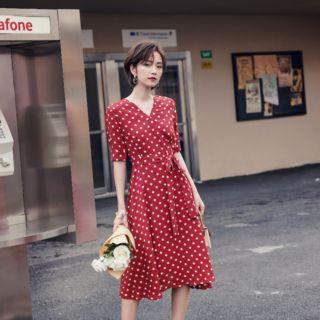 Short-sleeve Dotted Midi Wrap Dress