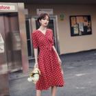 Short-sleeve Dotted Midi Wrap Dress