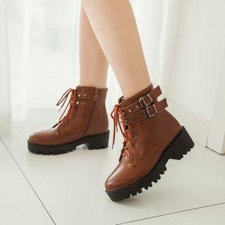 Chunky-heel Platform Studded Buckled Ankle Boots