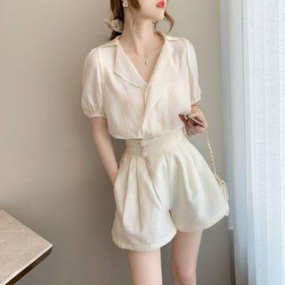 Set: Puff-sleeve Blouse + Wide Leg Shorts