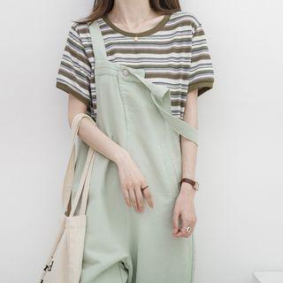 Short-sleeve Striped T-shirt Stripe - White & Gray & Green - One Size