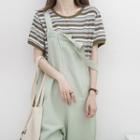 Short-sleeve Striped T-shirt Stripe - White & Gray & Green - One Size