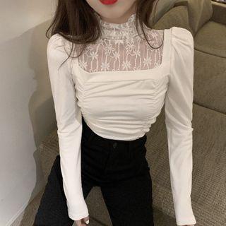 Turtleneck Lace Panel Shirred T-shirt