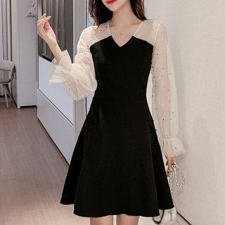 Long-sleeve Glitter Mesh A-line Mini Dress
