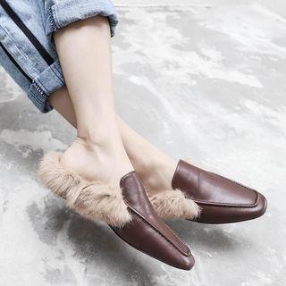 Genuine Leather Square Toe Furry Trim Mules
