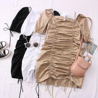 Wide-neck Ruched Drawstring Mini Dress
